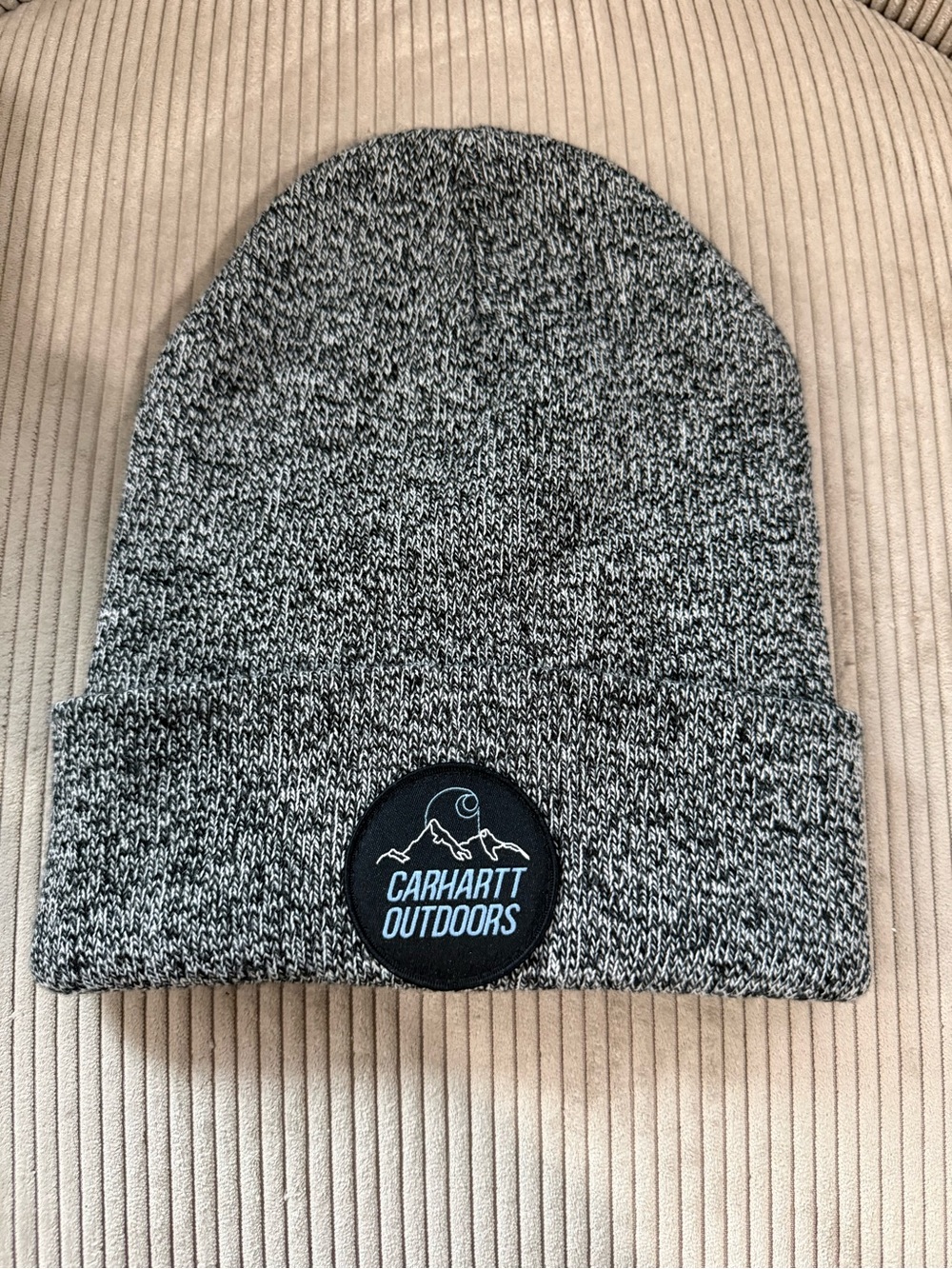 Carhartt Beanie Mens One Size Black White Knit Outdoor Patch Cuffed